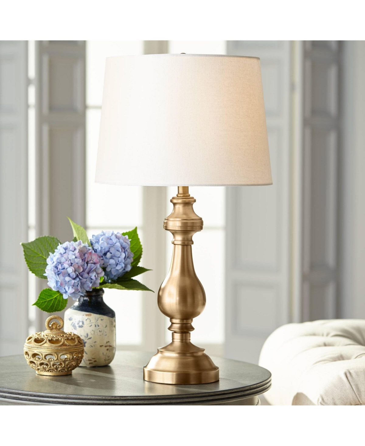 Regency Hill Traditional Style Table Lamp High Antique BrassMetal Candlestick White Tan Fabric Drum Shade Decor for Living Room Bedroom Hous