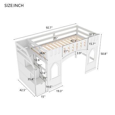 Streamdale Twin Size Loft Bed with Storage Staircase and Window, White