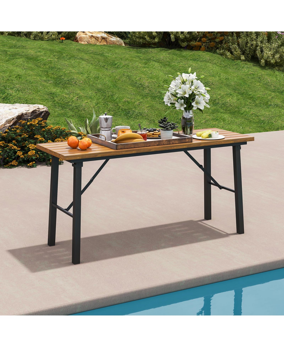 Slickblue Folding Picnic Table Acacia Wood Dining Table with Metal Frame for Indoor Outdoor Activities