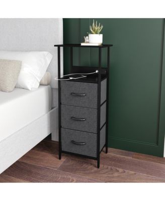 Nightstand with 3 Fabric Drawers and Built-in Charging Station