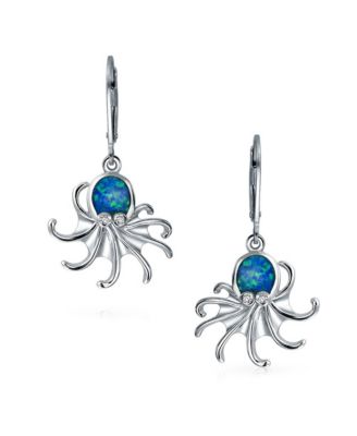 Nautical Synthetic Blue Opal Marine Life Lever back Octopus Dangle Earrings Sterling Silver