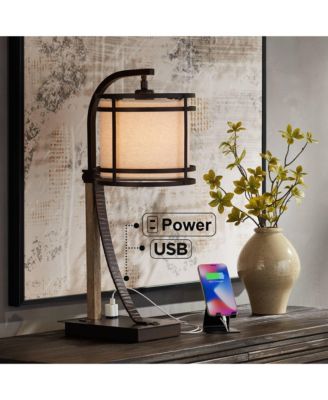 Gentry Industrial Desk Lamp 22" High Oil Rubbed Bronze Faux Wood Cage with USB and AC Power Outlet in Base Oatmeal Shade for Desk