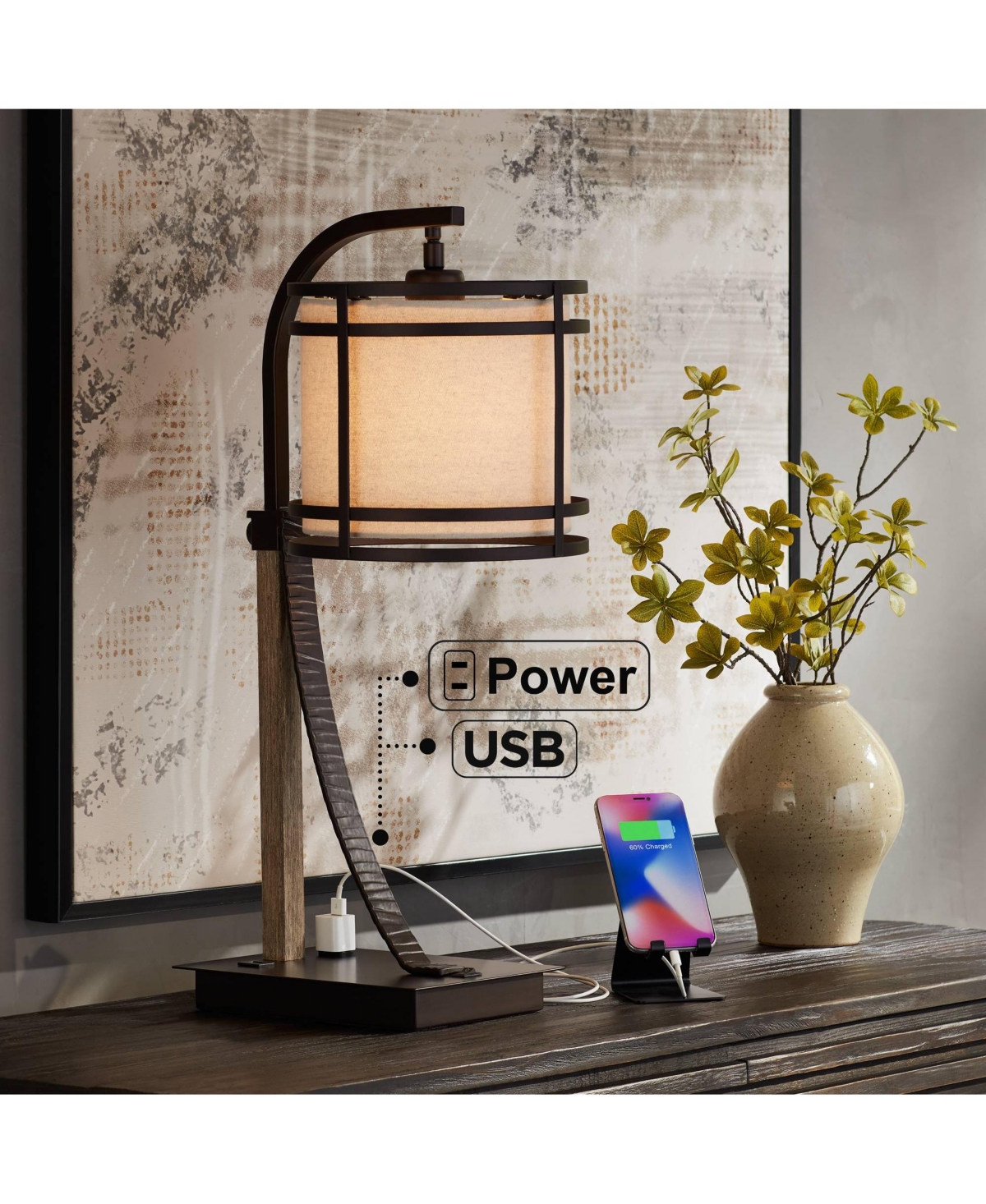 Franklin Iron Works Gentry Industrial Desk Table Lamp High with Usb and Ac Power Outlet in Base Oil Rubbed Bronze Faux Wood Metal Cage Oatmeal Dru
