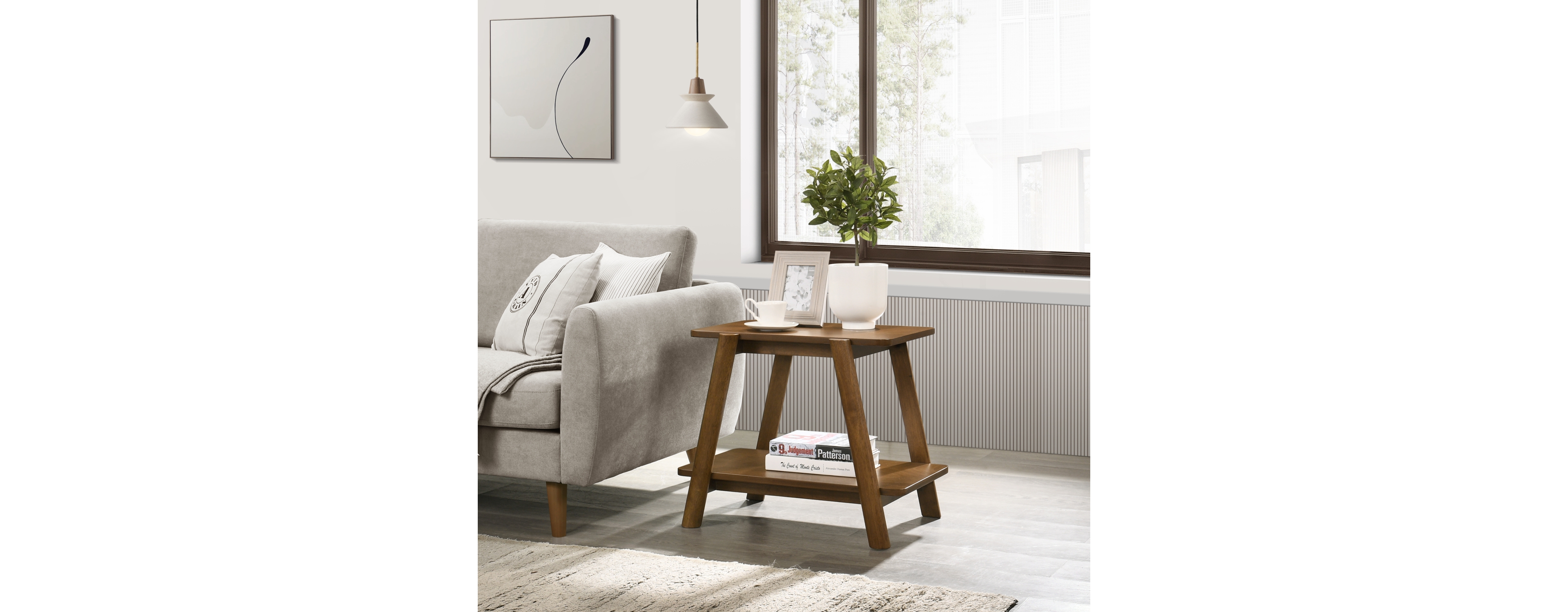 Simplie Fun Mid-Century Modern Wood Shelf End Table, Walnut Finish
