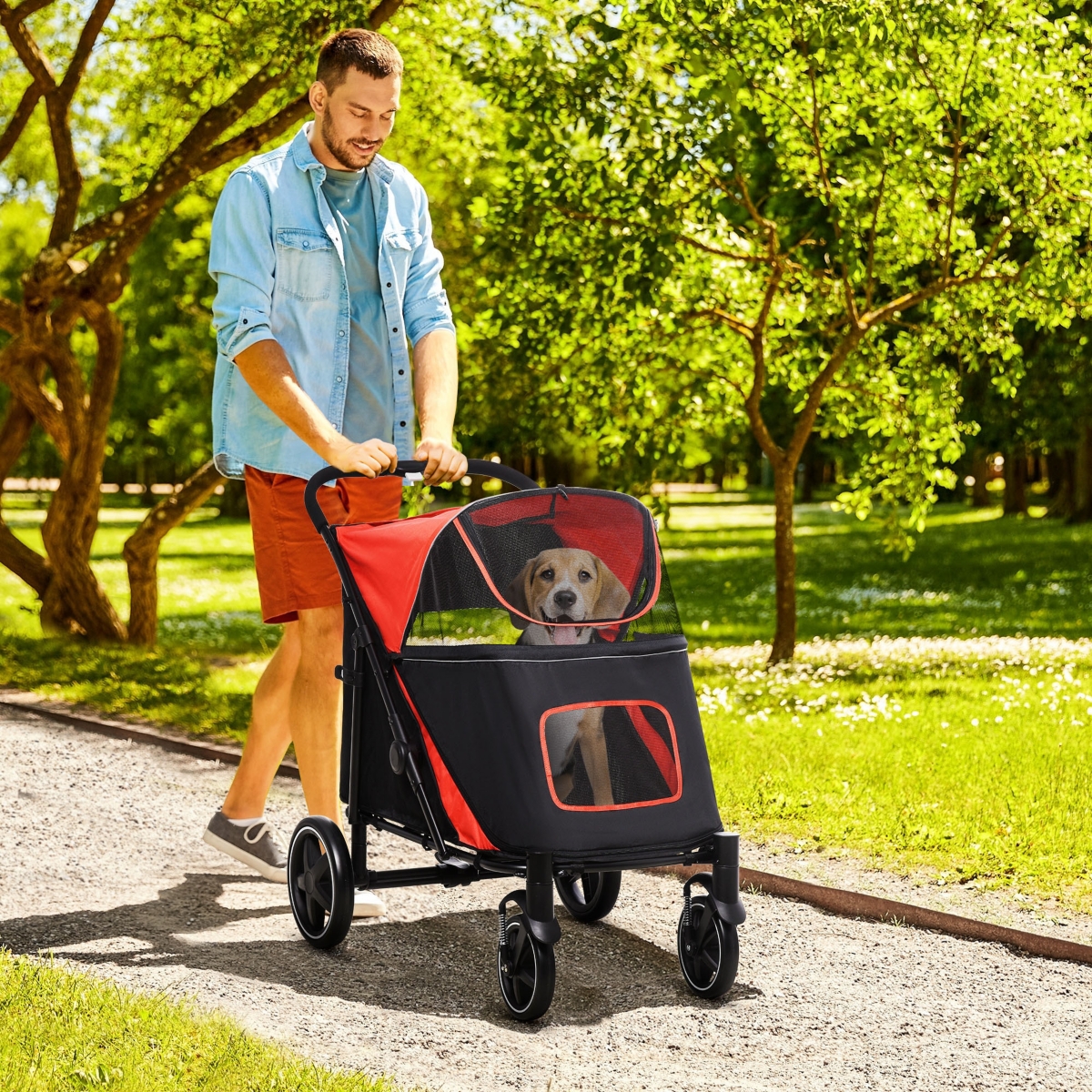 PawHut One-Click Foldable Doggy Stroller for Dogs, Pet Stroller with Storage, Smooth Ride with Shock Absorption, Mesh Window, Safety Leas