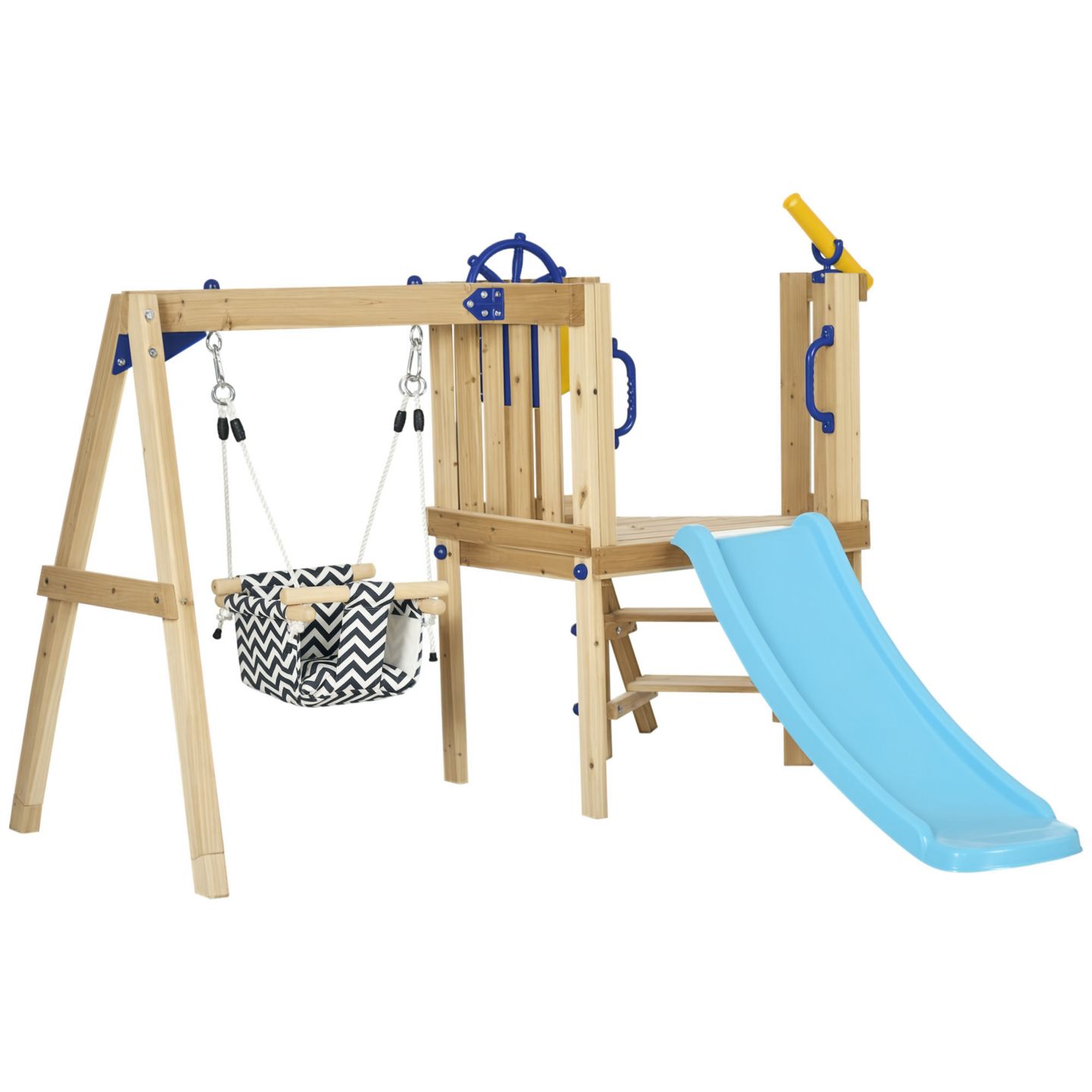Детский игровой набор Outsunny 3 in 1 Wooden Outdoor Playset with Baby Swing Seat, Toddler Slide, Captain's Wheel & Telescope, Ages 1.5-4 — фото 1