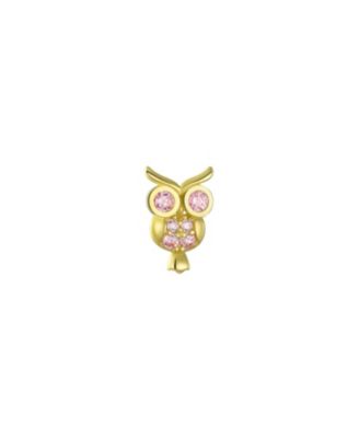 Tiny Pink CZ Lucky Wise Owl Bird Helix Cartilage Ear Lobe Piercing Daith 1 Piece Stud Earring Cubic Zirconia14K Yellow Gold Screw back