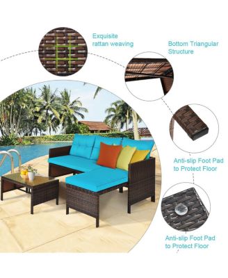3 Pieces Outdoor Patio Corner Rattan Sofa Set-Turquoise