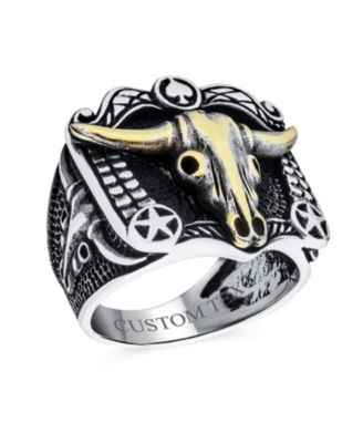 Black Textured Animal Buffalo Cow Skull Antelope Goat Big Texas Longhorn Skull Signet Ring Two Tone Sterling Silver