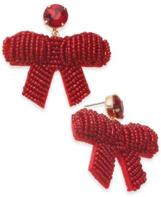 Holiday Lane - Gold-Tone Red Glass Seed Bead Ribbon Bow Drop Earrings