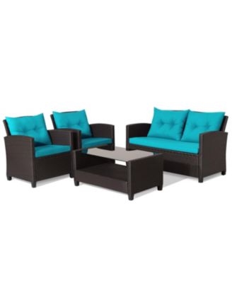 4 Pieces Patio Rattan Conversation Furniture Set with Glass Top Coffee Table