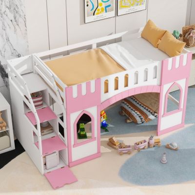 Streamdale Twin Size Loft Bed with Storage Staircase and Window, White