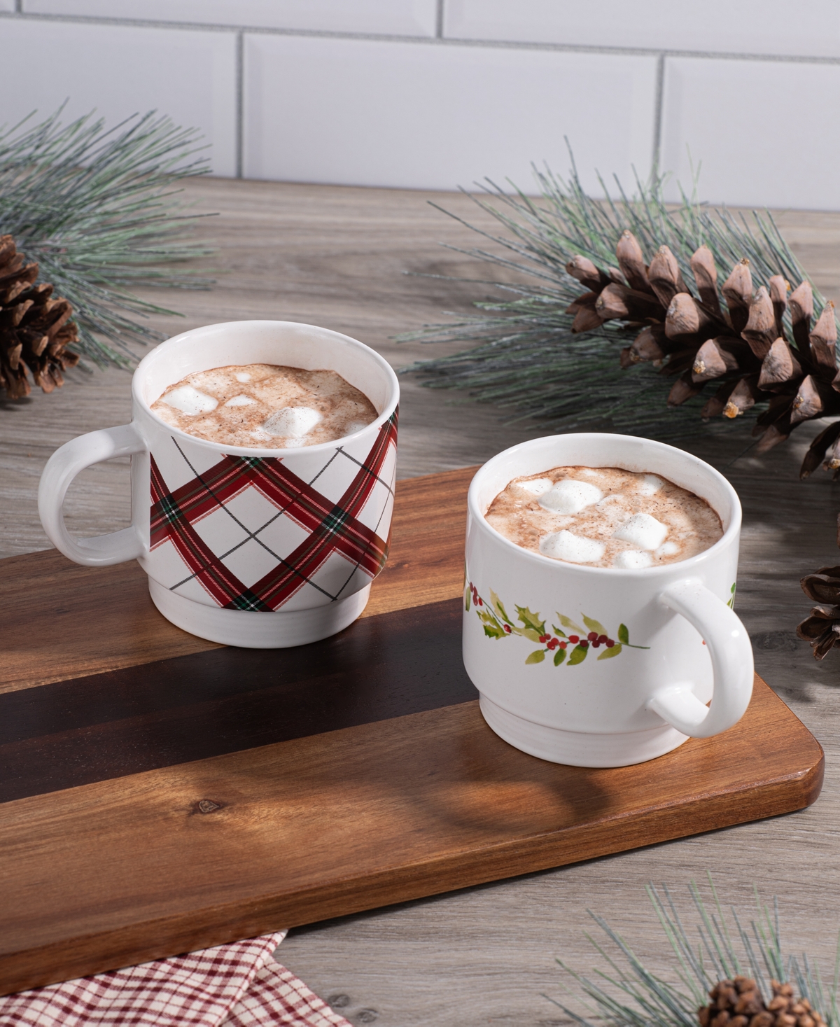 Thirstystone Stackable Mugs With Holly Berry & Plaid, Set Of 2 In Multi