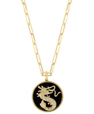 EFFY Collection - Onyx & Diamond (1/6 ct. t.w.) Dragon Disc 18" Pendant Necklace in 14k Gold