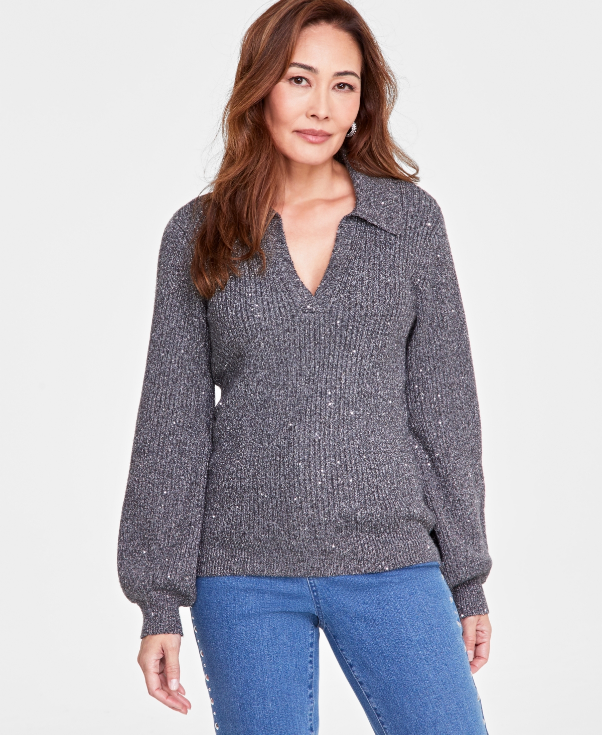Inc International Concepts Women's Sequin-embellished Collared Long-sleeve Sweater, Created For Macy's In Medium Grey Heather