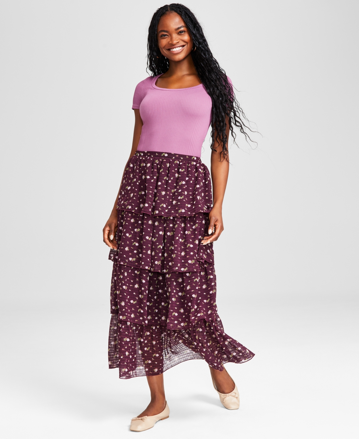 And Now This Women s Floral print Tiered Maxi Skirt Created For Macy s In Wine Floral ModeSens