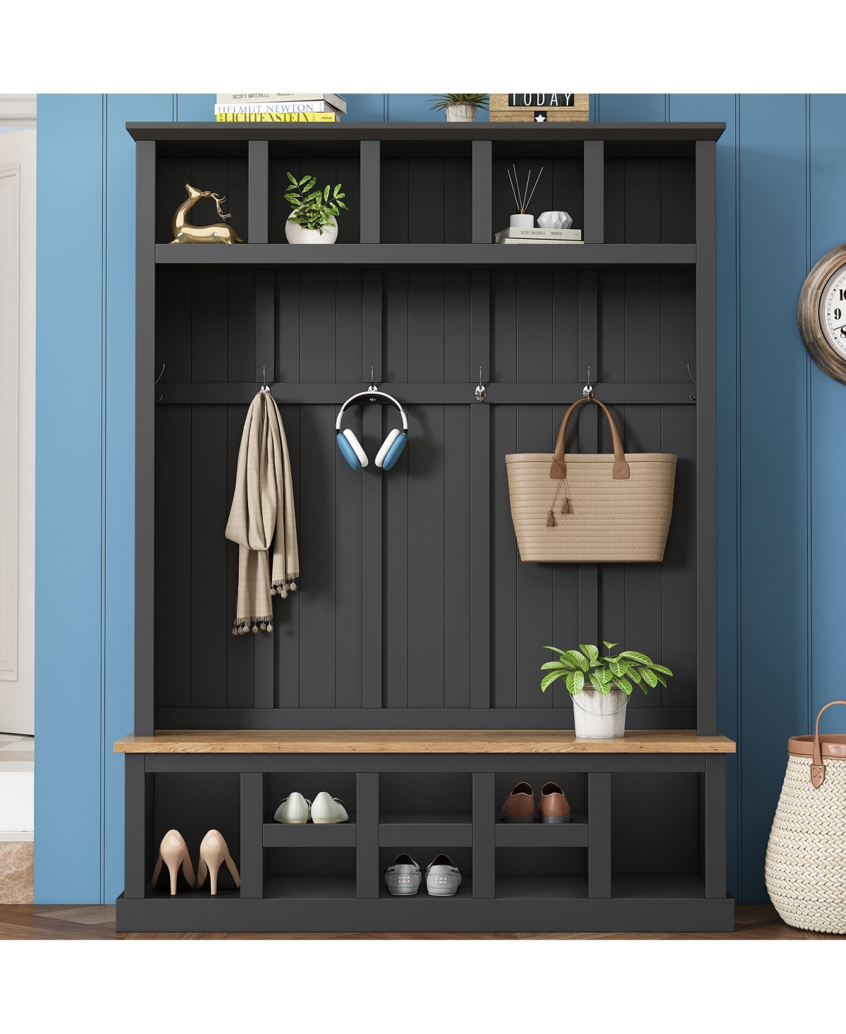 Farmhouse Hall Tree with Bench, Shoe Storage, Coat Rack