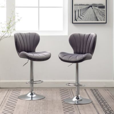 Upholstered Adjustable Swivel Barstools in Gray, Set of 2