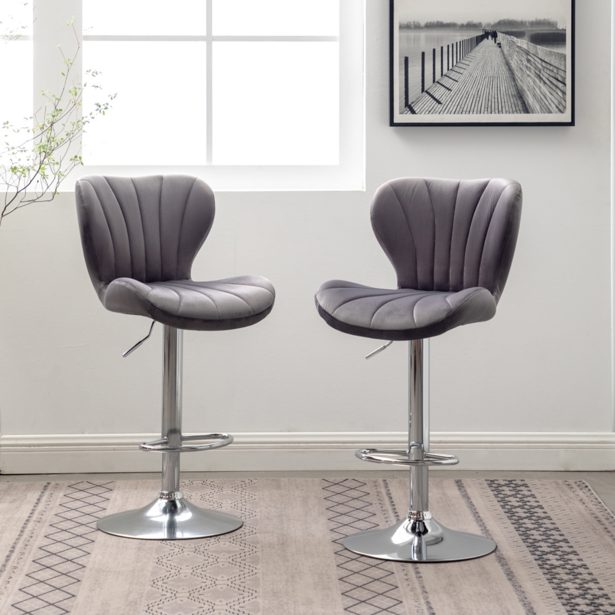 Streamdale Furniture Upholstered Adjustable Swivel Barstools in Gray, Set of 2