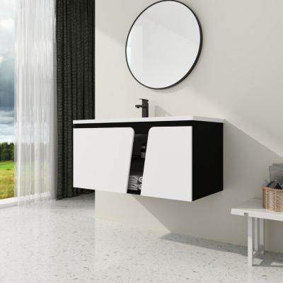 Wall-Mounted Vanity with Soft-Close Doors and Ceramic Sink