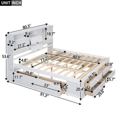 Streamdale King Size Platform Bed with Storage Headboard and 8 Drawers, White