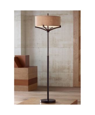 Tremont Modern Mid Century Floor Lamp Standing 62" Tall Deep Bronze Metal Tan Burlap Drum Shade for Living Room Reading Bedroom Office House Home Decor - Franklin Iron Works