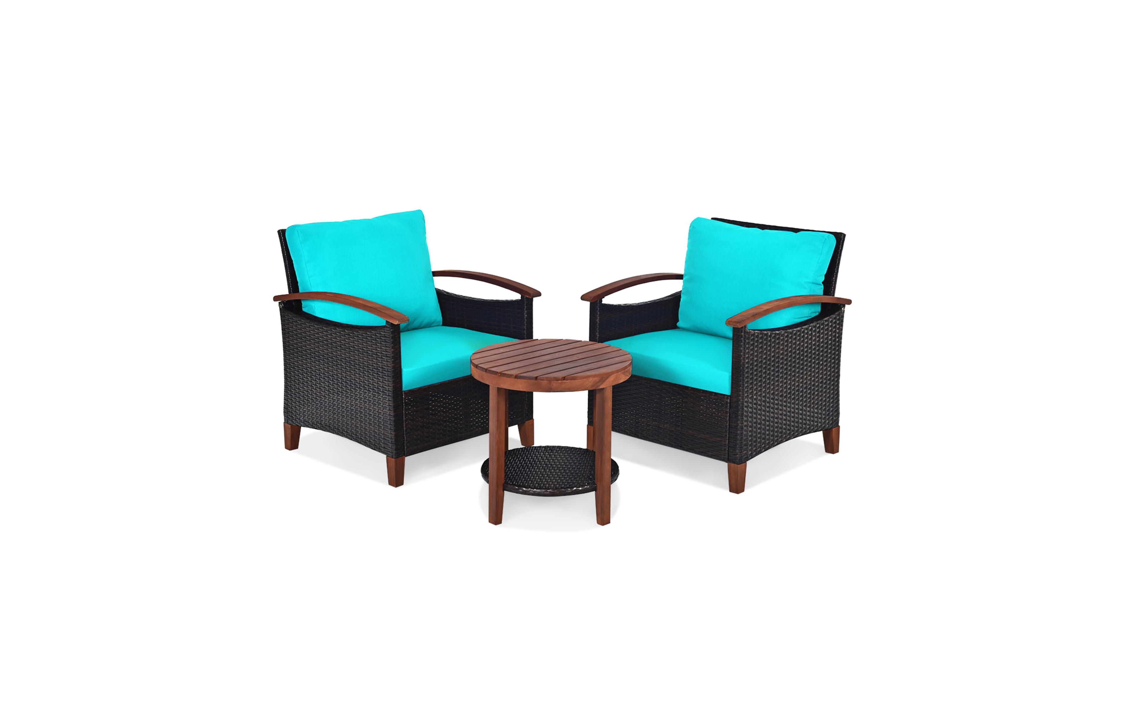 Gymax 3PCS Patio Wicker Rattan Conversation Set Outdoor Furniture Set w/ Turquoise Cushion
