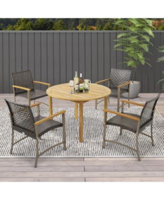 Set of 4 Patio Rattan Dining Chairs with Acacia Wood Armrests