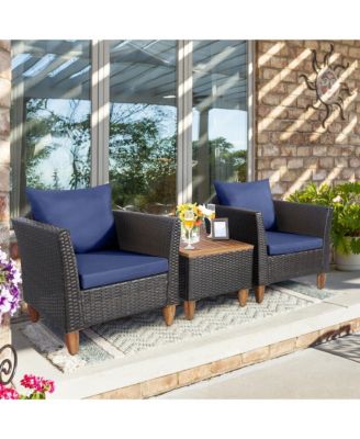 3PCS Patio Furniture Set Conversation Bistro Set w/ Acacia Wood & Cushions Navy