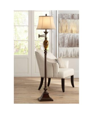 Mulholland Rustic Vintage like  Swing Arm Floor Lamp Standing 61" Tall Bronze Marble Font Ivory Faux Silk Drum Shade Decor for Living Room Reading House Bedroom Home Family Office - Kathy Ireland