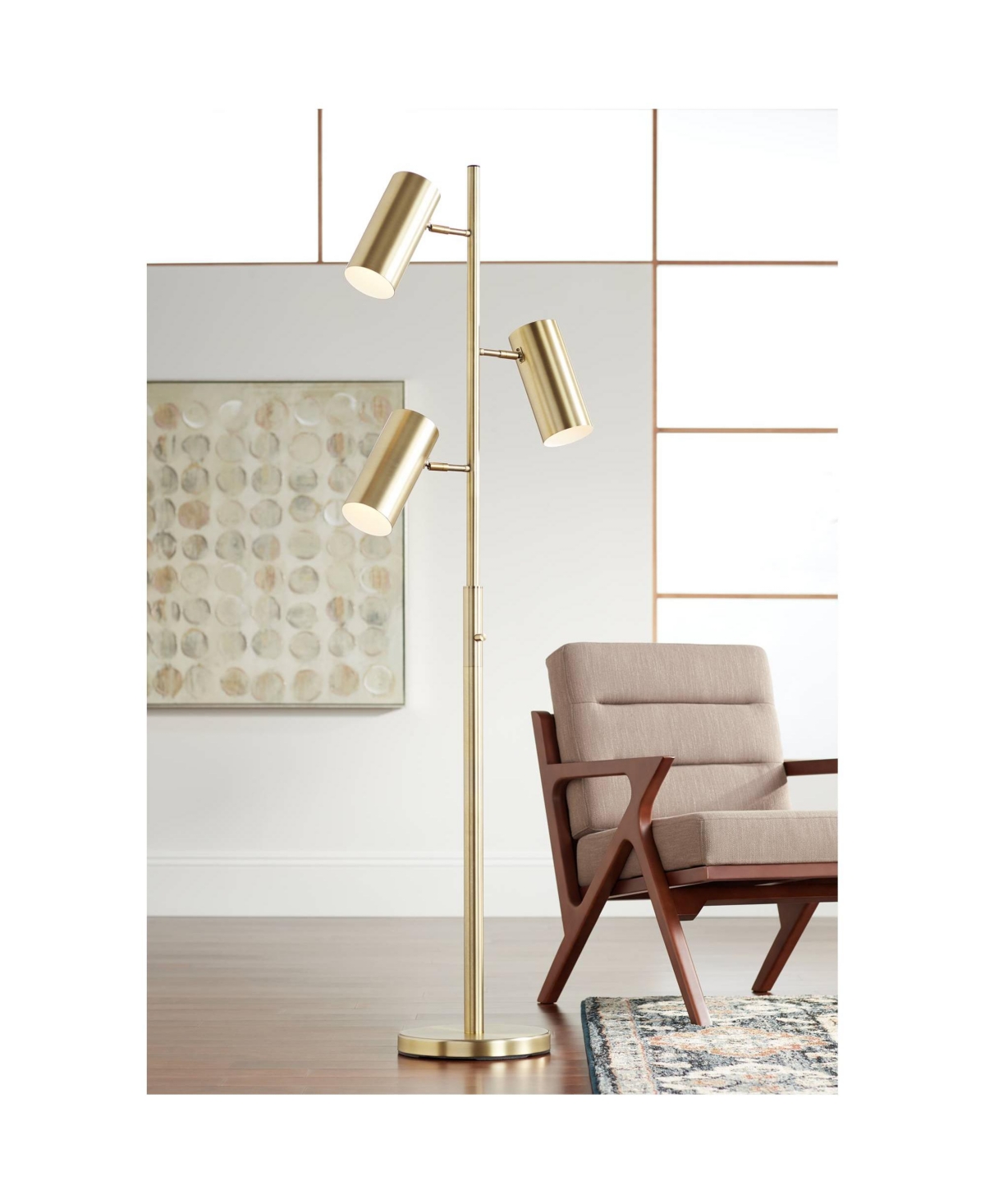Possini Euro Design Canasta Mid Century Modern Trac Tree Floor Lamp Standing 3-Light Tall Satin BrassAdjustable Metal Shade Decor for Living