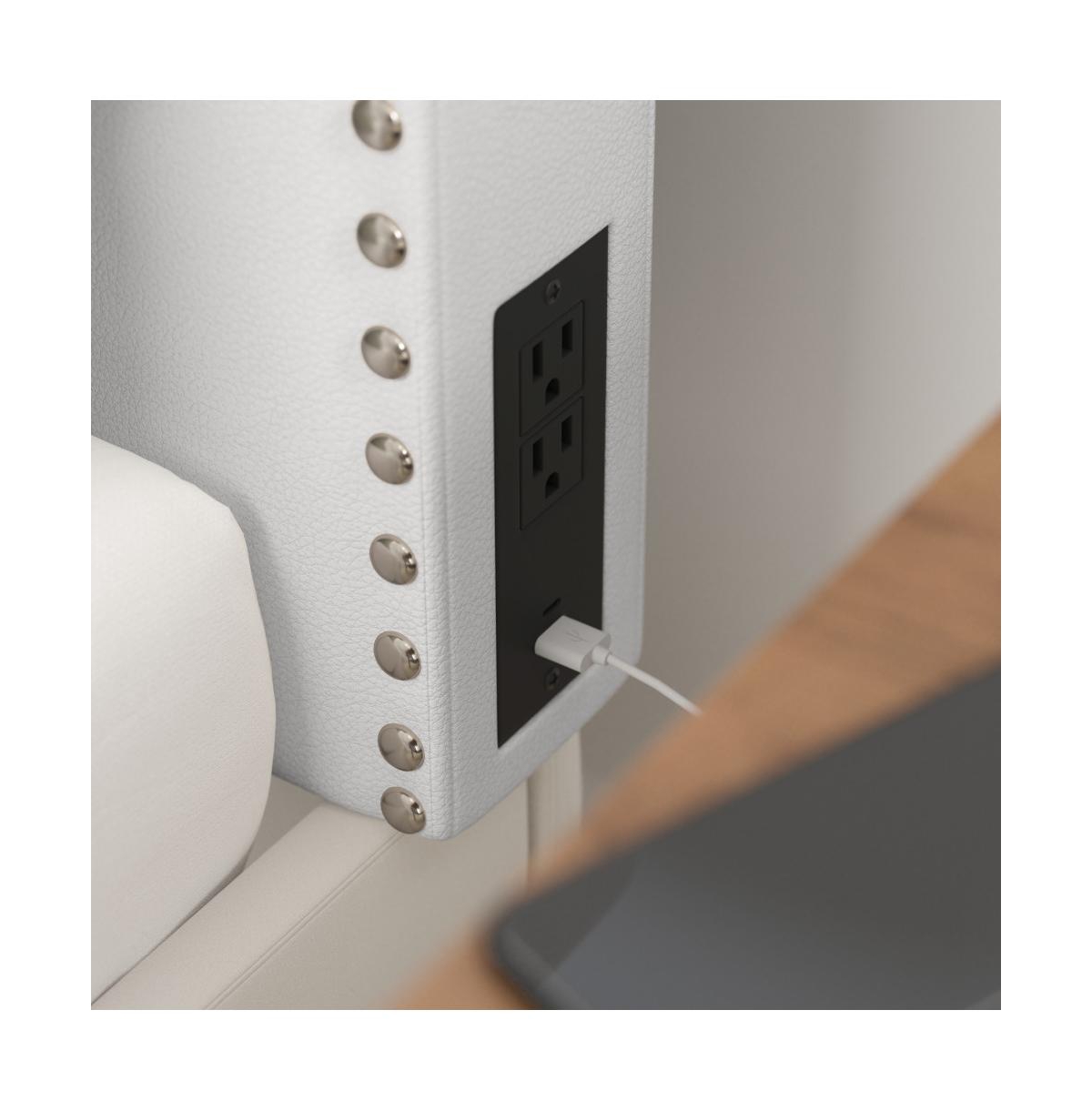 Merrick Lane Ribas Contoured Headboard With Studded Upholstery, Dual Hanging Options, Charging Station With 2 Outlets, Usb Port, Usb-c Port - White le