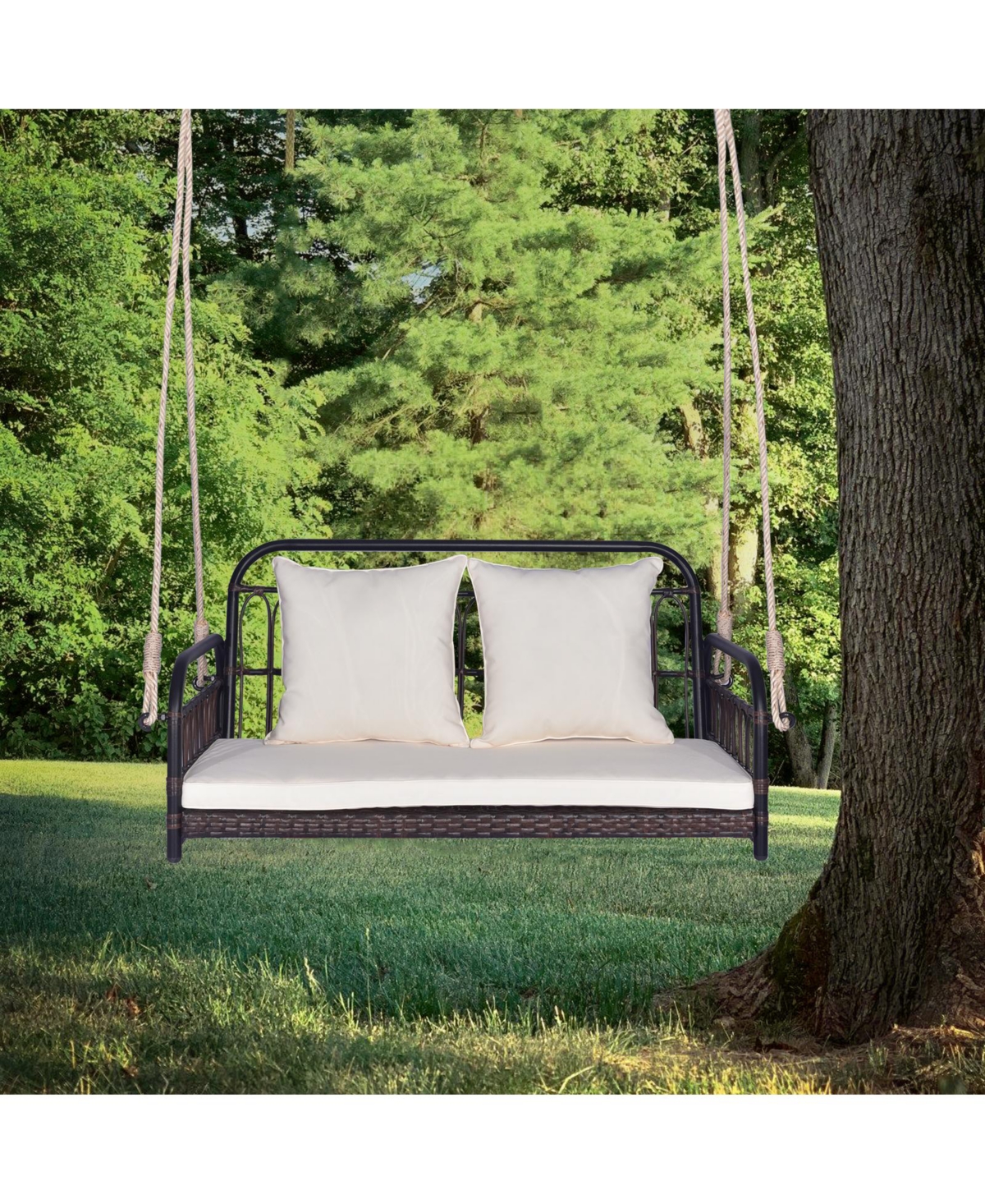 Slickblue 880LBS Wicker Hanging Porch Swing with Cushions-White