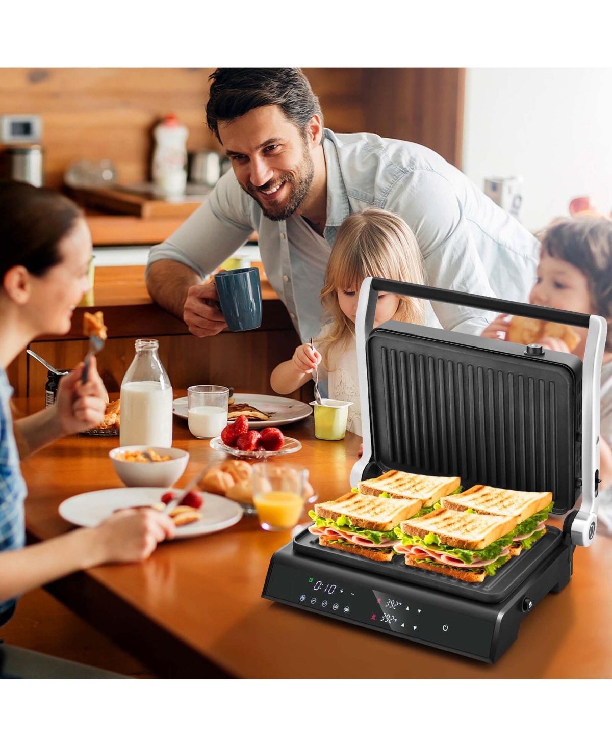 Electric Panini Press Grill Sandwich Maker with Led Display & Removable Drip Tray