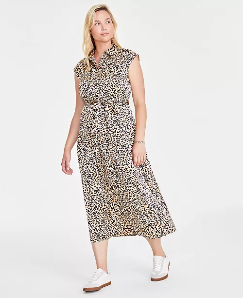 women's tonal jacquard cap-sleeve midi shirtdress, created for macy's