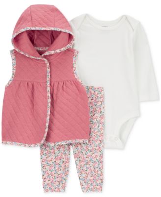 Carter's - Baby Girls Quilted Hooded Little Vest, Long-Sleeve Bodysuit & Flower-Print Pants, 3 Piece Set