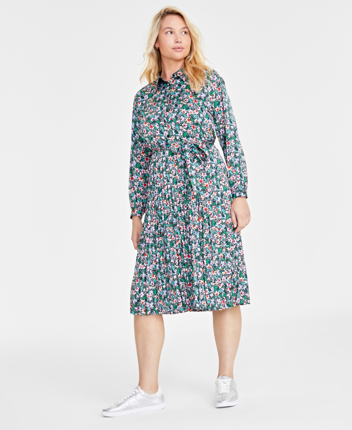 On 34th Women's Long-sleeve Pleated Shirtdress, Created For Macy's In Deep Black Combo