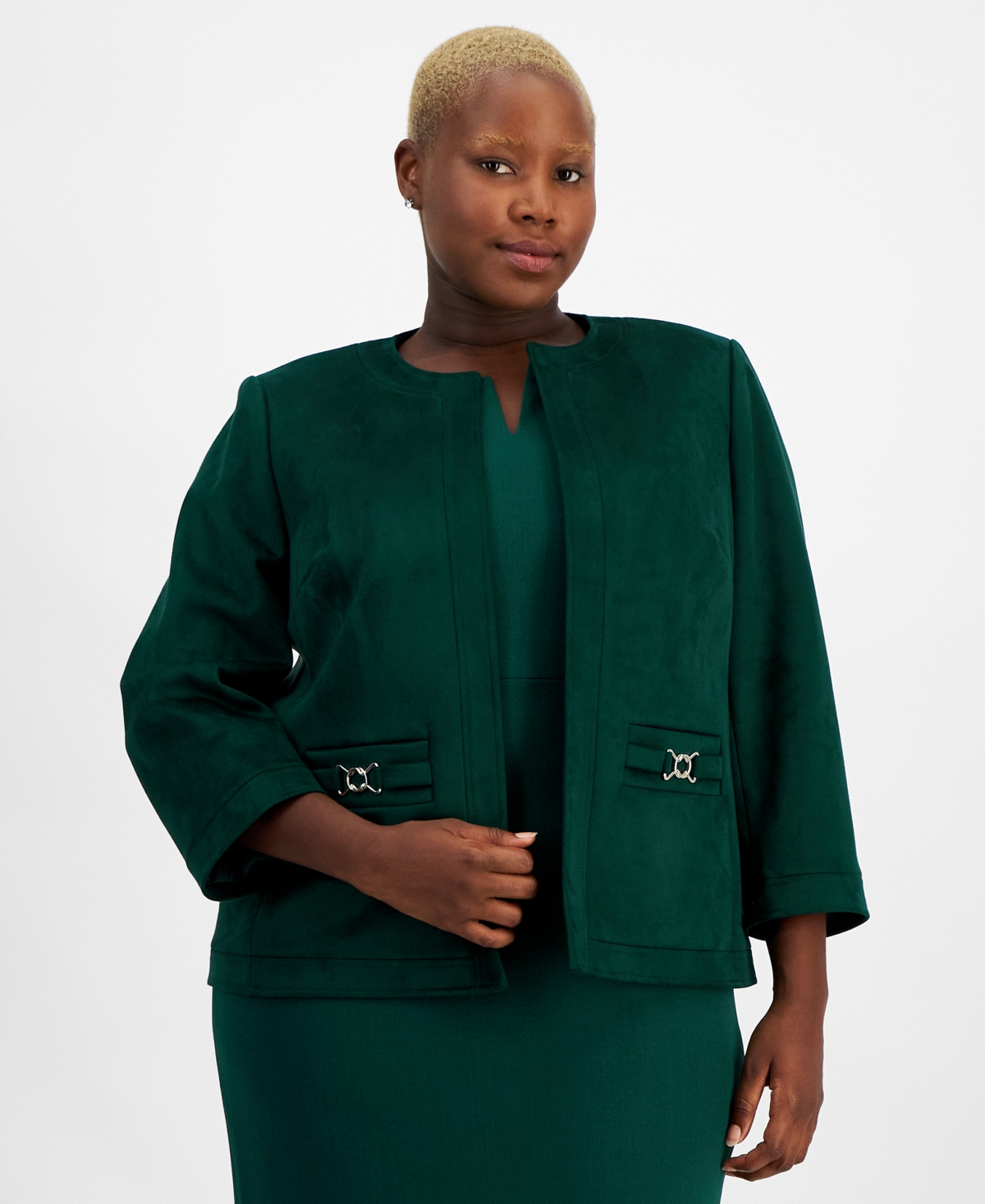 KASPER PLUS SIZE FAUX-SUEDE OPEN-FRONT BLAZER