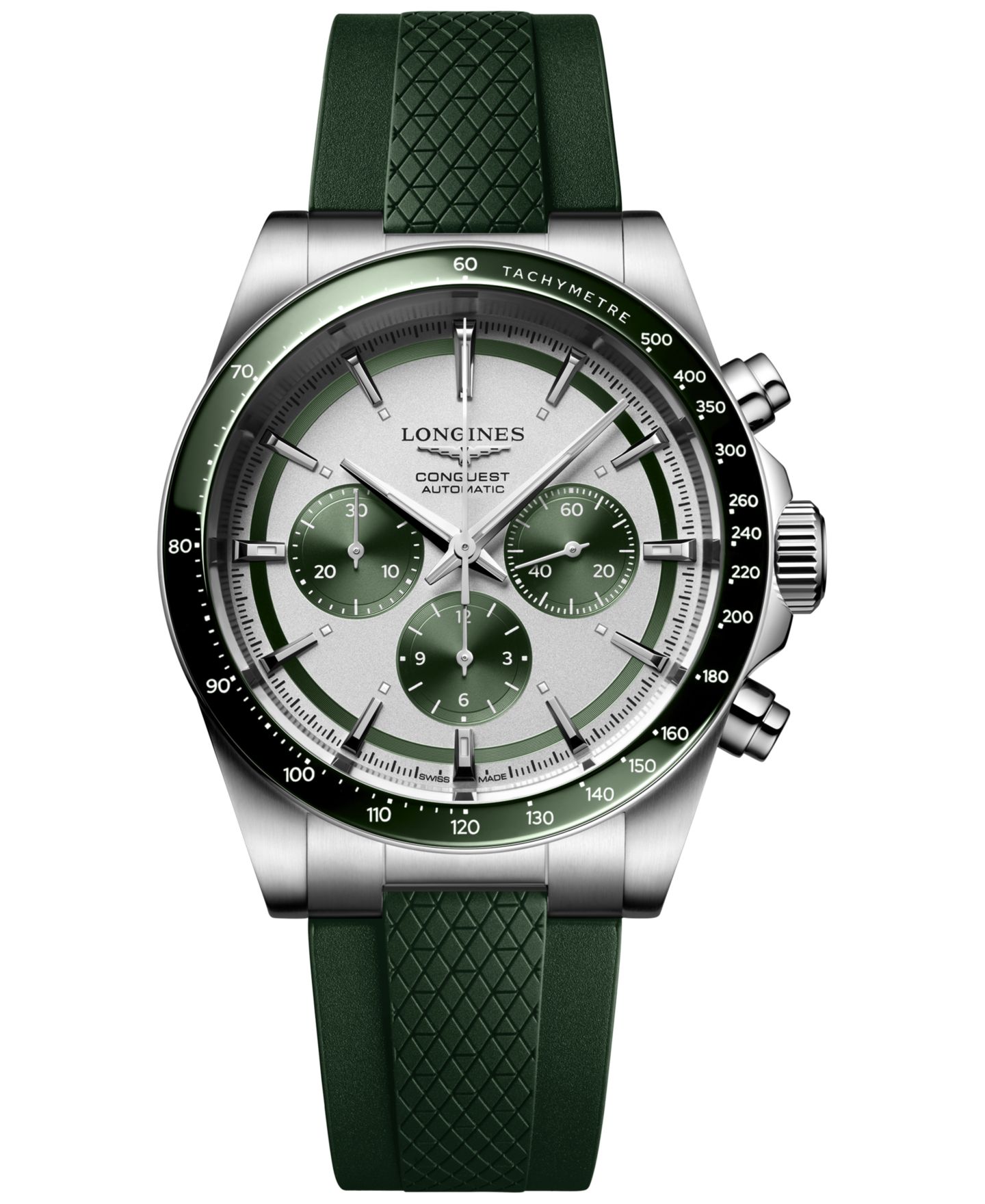 Мужские часы Longines Swiss Automatic Chronograph Conquest Green Rubber Strap Watch 42mm — фото 1