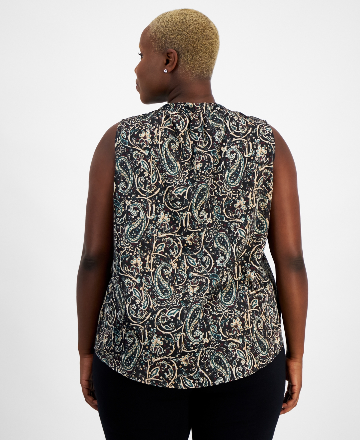Kasper Plus Size Printed Split-Neck Sleeveless Blouse