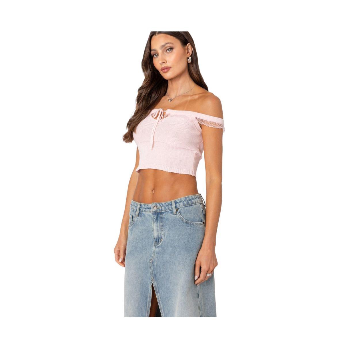 Edikted Women's Off shoulder trimmed knit top - Light-pink