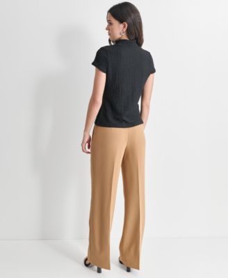 Women's Puckered Knit Mock Neck Cap-Sleeve Top