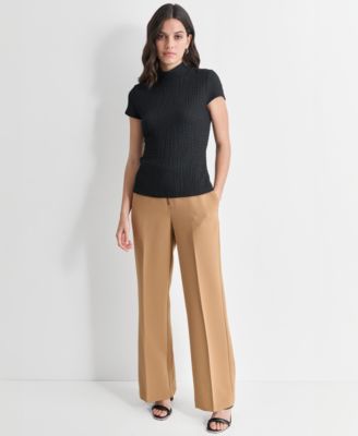 Women's Puckered Knit Mock Neck Cap-Sleeve Top