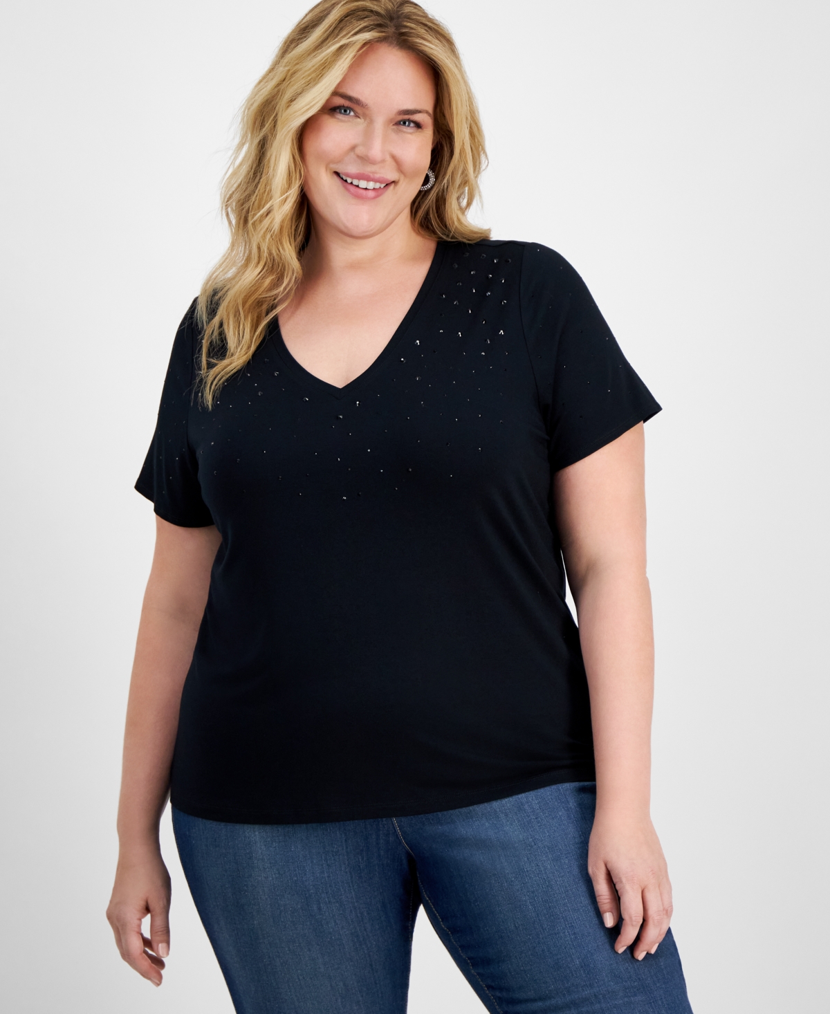 I.n.c. International Concepts Plus Size V-Neck Embellished T-Shirt, Created for Macy's