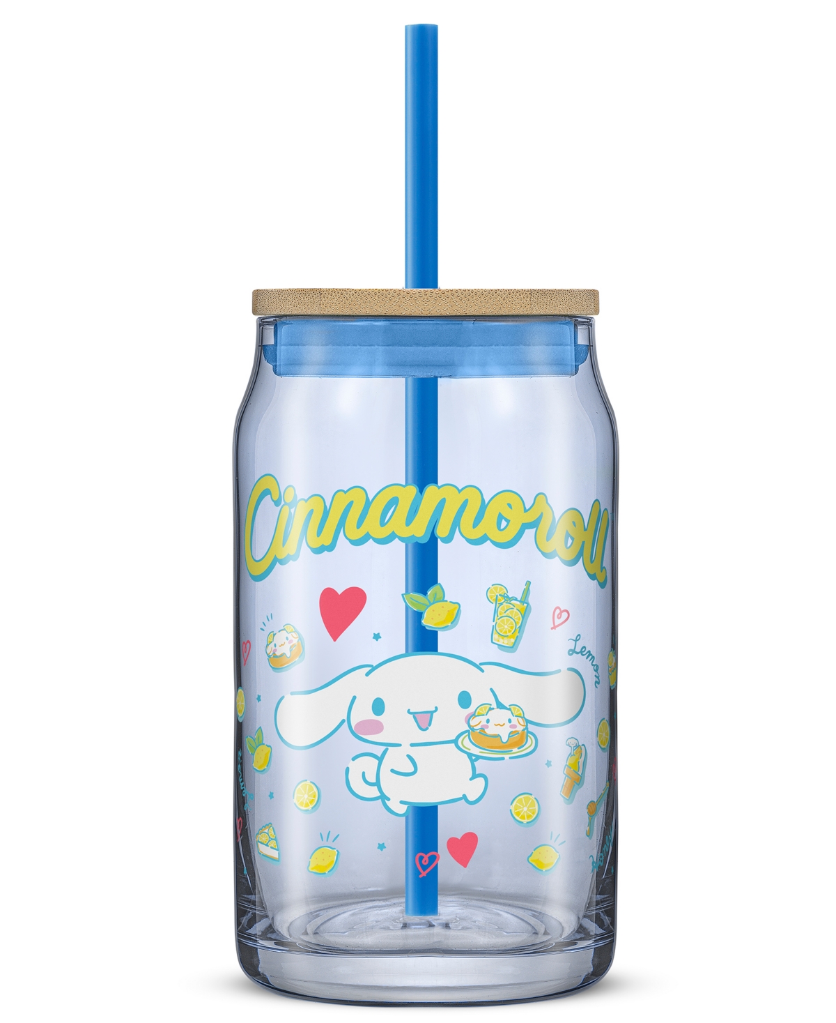 JOYJOLT HELLO KITTY AND FRIENDS FAVORITE FLAVOR CINNAMOROLL CAN SHAPED GLASS TUMBLER WITH WOOD LID AND STRAW 