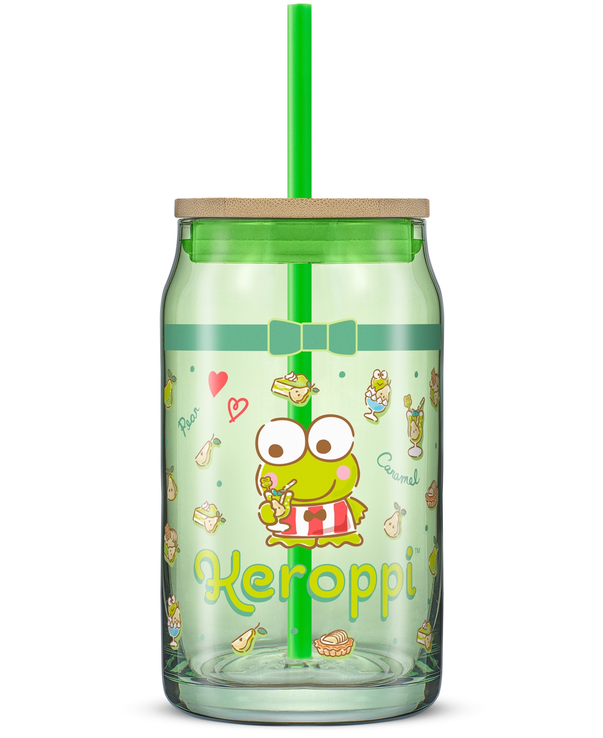 JOYJOLT HELLO KITTY AND FRIENDS FAVORITE FLAVOR KEROPPI CAN SHAPED GLASS TUMBLER WITH WOOD LID AND STRAW 