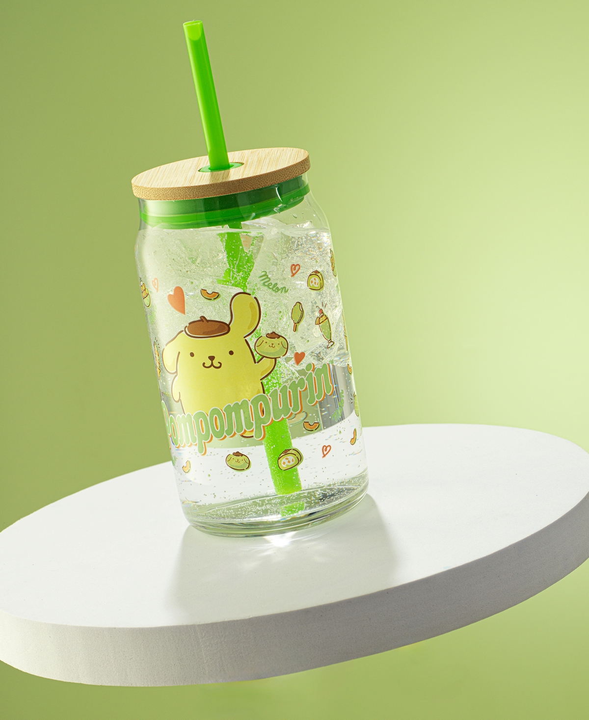 Joyjolt Hello Kitty And Friends Favorite Flavor Pompompurin Can Shaped Glass Tumbler With Wood Lid And Straw In Multi