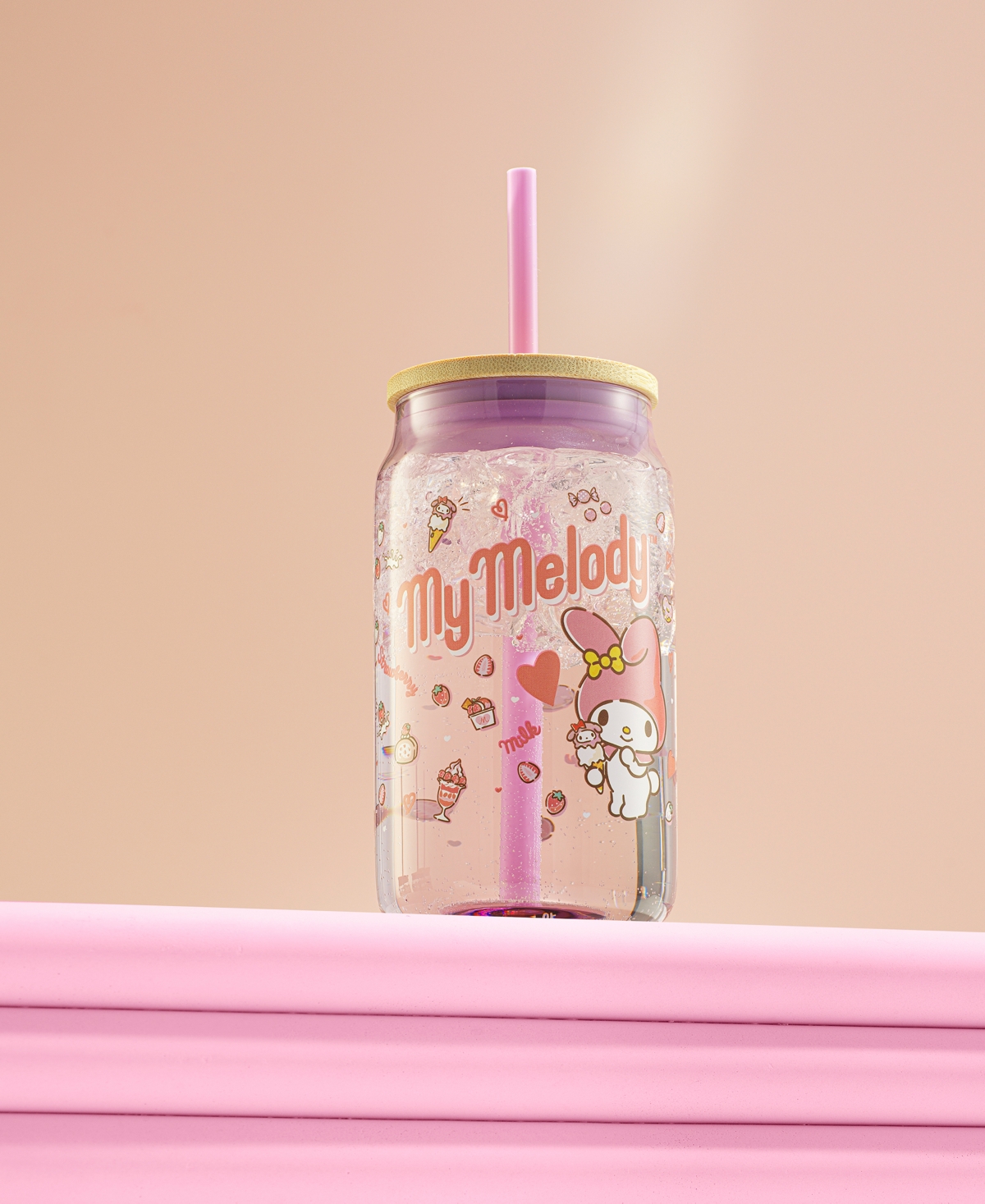 Joyjolt Hello Kitty And Friends Favorite Flavor My Melody Can Shaped Glass Tumbler With Wood Lid And Straw In Multi