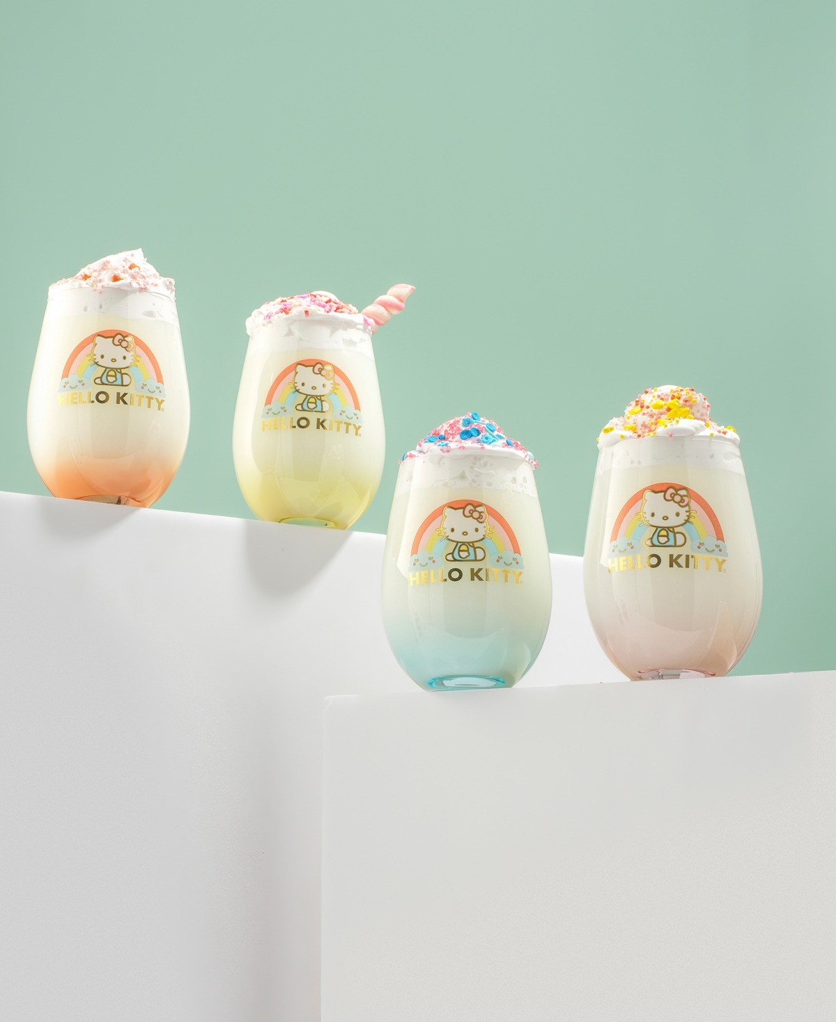 JOYJOLT HELLO KITTY SWEET RAINBOW STEMLESS DRINKING GLASSES, SET OF 4 
