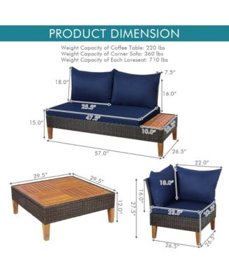 4PCS Acacia Wood Patio Furniture Set Rattan Conversation Set w/ Navy Cushions